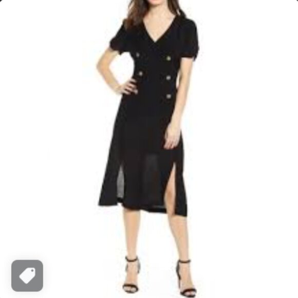 All In Favor Black Double Breasted Button Midi Dress Front Slits Crepe Medium - Picture 1 of 7